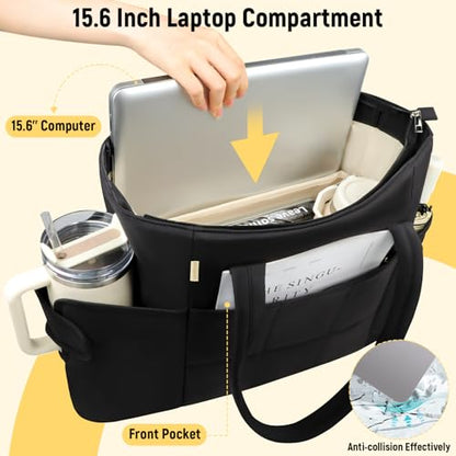 Puffer Tote Bag with Large Cup Holder& 15.6 Inch Laptop Compartment, Lightweight Puffy Work Bag with Water Bottle Pocket, Large Laptop Tote with Clutch Purse for Women Teacher Nurse (Black) - color: Black