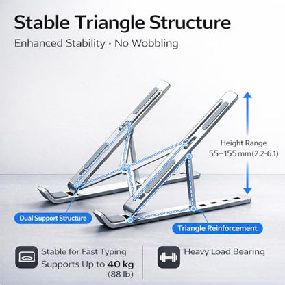Portable Foldable Laptop Stand, Aluminum Alloy Adjustable Height Laptop Riser for Desk, Ergonomic Laptop Holder with Carry Pouch, Compatible with 16-18 Inch Laptops
