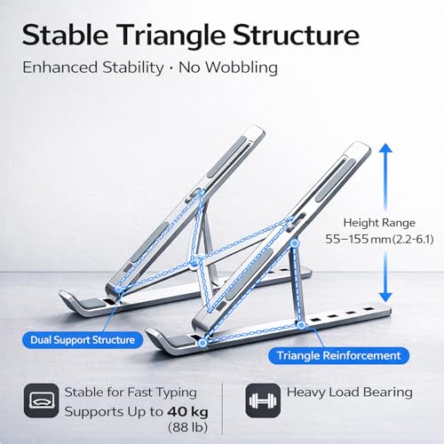 Portable Foldable Laptop Stand for Travel, Adjustable Aluminum Laptop Stand Riser for Desk, Ergonomic Computer Stand with Pouch for 16–18 Inch Laptops (Silver)