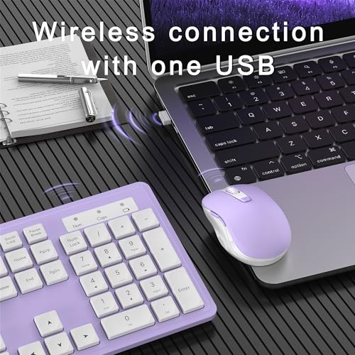 MPTOG Wireless Keyboard and Mouse Combo, Full-Size 104-Key Office Keyboard with 15 Function Keys, Numeric Keypad, Single USB Receiver, Compatible with PC and Laptop(Purple White) - color: Purple White