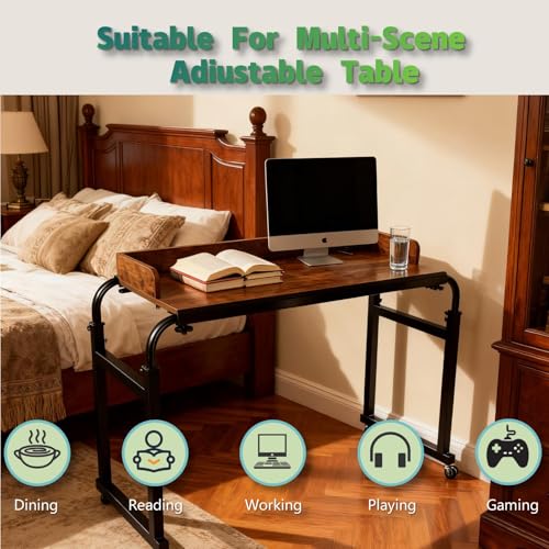 Overbed Table with Wheels and Desktop Enclosure, Height and Length Adjustable Over Bed Desk King Queen Bed Table Overbed Laptop Table (Rustic Brown) - color: Rustic Brown