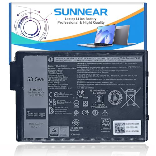 53.5Wh XVJNP Laptop Battery for Dell Latitude 5430 7330 Rugged Extreme | 11.4V 4457mAh; Battery Replacement for Dell Pro Rugged 14 RB14250 13 RA13250 P148G P149G; G6M0W 6JRCP 0M0TN3 KD1CT - size: 5.15*3.49*0.7 inches XVJNP