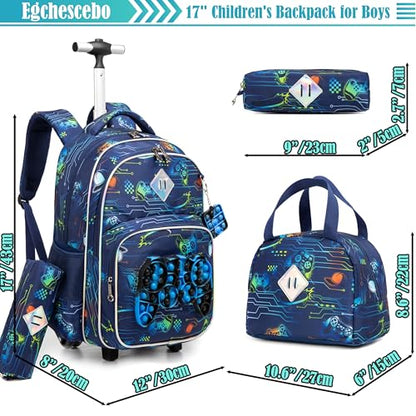 Kids Rolling Gamepad Backpack for Boys Luggage Suitcase With Wheels Trolley Wheeled POP Roller Backpacks for Elementary Travel School Bags 17" 3PCS Toy Backpack With Lunch Box Blue - color: 041123-yoxishoubing