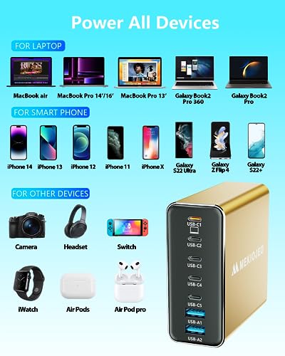 Aluminum Alloy 260W USB C Charger GaN Fast USB C Charging Station 7 Ports | 65W Laptop Charger for MacBook Pro/Air/iPad Pro/iPhone - color: Gold