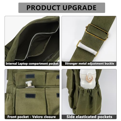 VODIU Canvas Messenger Bag Large Hobo Crossbody bags for Women,Men, Shoulder Tote Handbags with Laptop pocket - color: Army Green-1