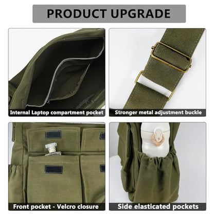 VODIU Canvas Messenger Bag Large Hobo Crossbody bags for Women,Men, Shoulder Tote Handbags with Laptop pocket - color: Army Green-1