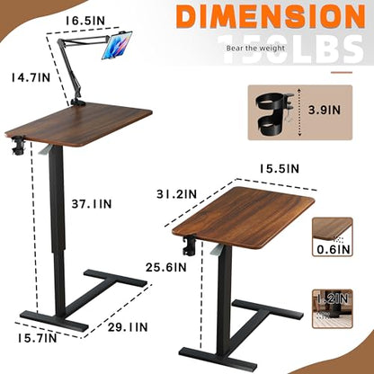 Overbed Table with Wheels, Adjustable Medical Bedside Table, Wood | Alloy steel frame, rubber wood top, cup holder & phone stand, hook, H-base, hydraulic 25.6-37.1", quiet casters, easy-clean - color: Wood Color