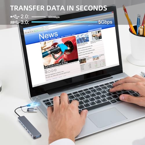 Aluminum 7 in 1 USB C/USB Hub, 2* USB C and 5* USB, USB 3.0 and USB 2.0 Ports, Ultra Slim Portable USB Splitter Adapter for Laptop, PS4, Flash Drive, HDD, Xbox, Printer, Mouse, Keyboard