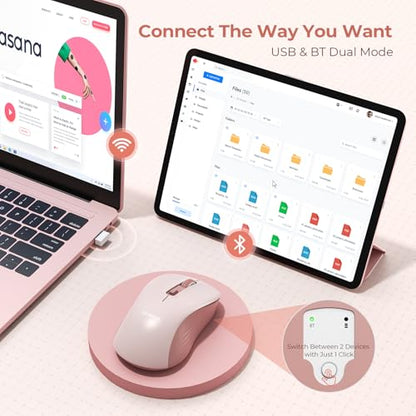 seenda Bluetooth Wireless Mouse, Dual Mode, Quiet 1600 DPI, Pink | Dual-mode Bluetooth and 2.4G USB mouse with quiet clicks, smooth tracking, ergonomic design, and 12-Months battery life - color: Pink