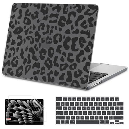 AKIT for MacBook Air 13 inch Case M5 M4 M3 M2 2026-2022, Black Leopard | A3449 A3240 A3113 A2681, Aesthetic Pattern Hard Shell Laptop Case+Screen Protector+Keyboard Cover for MacBook Air 13.6 inch - color: Black Leopard