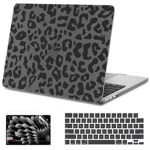 AKIT for MacBook Air 13 inch Case M5 M4 M3 M2 2026-2022, Black Leopard | A3449 A3240 A3113 A2681, Aesthetic Pattern Hard Shell Laptop Case+Screen Protector+Keyboard Cover for MacBook Air 13.6 inch - color: Black Leopard