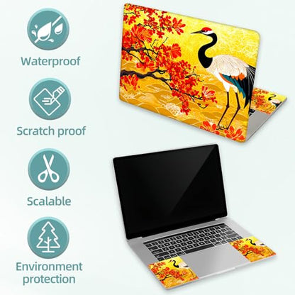 Universal Laptop Skin Decal, 3-Piece Vinyl Protector for 12 13 14 15.6" Notebook, Waterproof Anti-Scratch, Easy Trim & Bubble-Free Finish, Red Flower Tree Crane - color: Red Flower Tree Crane