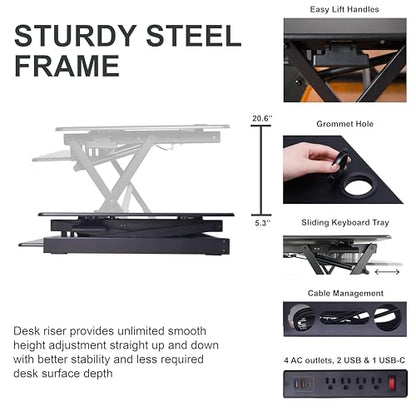 Rocelco 40" Height Adjustable Standing Desk Converter with AC Outlet USB Charger and Dual Monitor Arm Mount - Sit Stand Up Tabletop Riser - Sliding Keyboard Tray - Black (R DADRB-40-ACUSB-MA2) - color: Black Acusb, size: 40", style: Riser+Premium Dual Mou