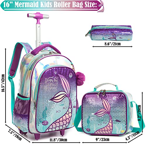 School Kids Rolling Backpack for Girls 3PCS With Trolley Wheeled Backpacks - color: Purple-220308-l