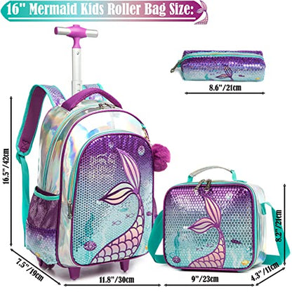 School Kids Rolling Backpack for Girls 3PCS With Trolley Wheeled Backpacks - color: Purple-220308-l