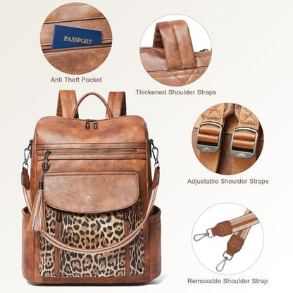 Laptop Backpack for Women 15.6 inch,Travel Leather Backpack Purse Nurse Teacher Carry on Backpack Computer Bag,Professional Water-Resistant College Business Work Casual Daypack,Two-tone Maroon - color: Brown With Leopard
