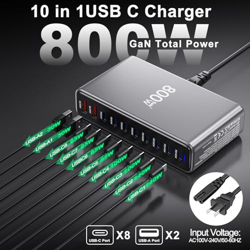 USB C Charger Block 800W GaN USB C Charging Station, 10-Port Fast Charger Hub with Multiple Power Outputs, Compatible with Laptop, MacBook, iPad, iPhone 1716/15/14/13/Pro Max, Samsung Galaxy S24 S23