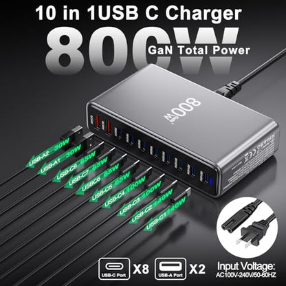 USB C Charger Block 800W GaN USB C Charging Station, 10-Port Fast Charger Hub with Multiple Power Outputs, Compatible with Laptop, MacBook, iPad, iPhone 1716/15/14/13/Pro Max, Samsung Galaxy S24 S23