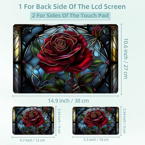 Universal Laptop Skin Decal, 3-Piece Vinyl Protector for 12 13 14 15.6" Notebook, Waterproof Anti-Scratch, Easy Trim & Bubble-Free Finish, Stained Glass Red Rose - color: Stained Glass Red Rose