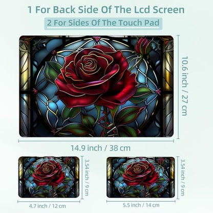 Universal Laptop Skin Decal, 3-Piece Vinyl Protector for 12 13 14 15.6" Notebook, Waterproof Anti-Scratch, Easy Trim & Bubble-Free Finish, Stained Glass Red Rose - color: Stained Glass Red Rose