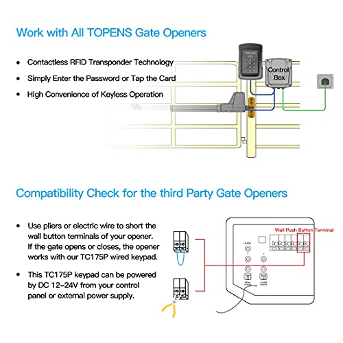 TOPENS TC175P Touch Panel Wired Keypad, Universal Keyless Entry Keypad DC 12V 24V for The Automatic Driveway Gate Opener, Magnetic Lock, Door Access Control System, Digital Code or RF ID Card