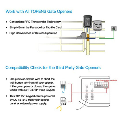 TOPENS TC175P Touch Panel Wired Keypad, Universal Keyless Entry Keypad DC 12V 24V for The Automatic Driveway Gate Opener, Magnetic Lock, Door Access Control System, Digital Code or RF ID Card
