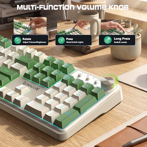 Redragon RM104 Wireless Gaming Keyboard with Knob, Tri-Mode BT/2.4G/USB-C RGB Computer Keyboards, 4000mAh Battery, Programmable Software Support, Anti-Ghosting, Compatible with PC Mac - White & Green - color: White-Green