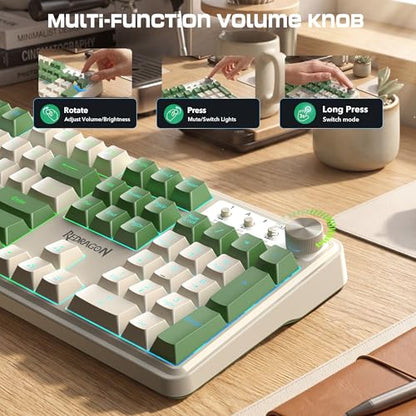 Redragon RM104 Wireless Gaming Keyboard with Knob, Tri-Mode BT/2.4G/USB-C RGB Computer Keyboards, 4000mAh Battery, Programmable Software Support, Anti-Ghosting, Compatible with PC Mac - White & Green - color: White-Green