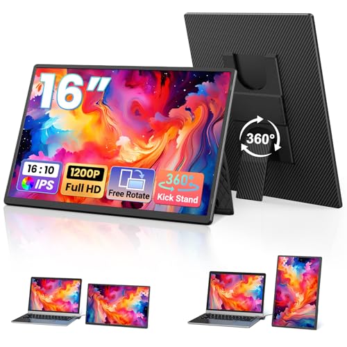 16.1" Portable Monitor for Laptop - 1200P FHD, Ultra-Thin Laptop Screen Extender Horizontal Vertical with 360° Rotating Detachable Stand, Plug & Play, Dual Travel Monitor for Laptop Wins Mac Chrome