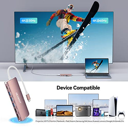 USB C Hub, 9-in-1 Multi-Port USB Adapter, 4K@60Hz HDMI, 100W Max PD, 3 USB3.0(5Gbps) + 2 USB2.0 Data Ports, SD/TF Card Reader for MacBook, iPad Pro, Dell, HP, Lenovo, Windows Laptop, Rose Gold - color: Rose Gold