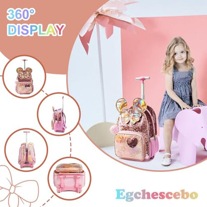 Kids Rolling Big Ears Backpack for Girls Sequins Trolley Suitcases Luggage Travel with Wheels Bookbag Wheeled 17" Roller Backpacks Set Toddler Back Pack School Bags for Elementary Champagne - color: 5315-miqi-champagne