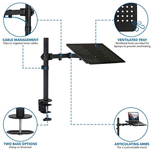 Mount-It! Laptop Desk Mount with Pole, Height Adjustable Laptop Stand Mount for Desk with Vented Tray, Full Motion Laptop Arm for 11–17 Inch Laptops, 22 lb Capacity, Clamp or Grommet Base