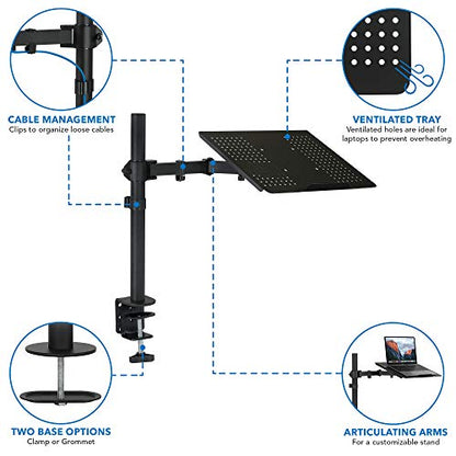 Mount-It! Laptop Desk Mount with Pole, Height Adjustable Laptop Stand Mount for Desk with Vented Tray, Full Motion Laptop Arm for 11–17 Inch Laptops, 22 lb Capacity, Clamp or Grommet Base