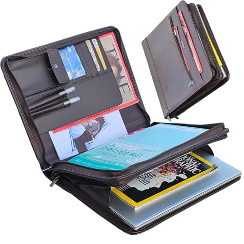 14" Laptop Briefcase, Vegan Leather Portfolio with Zipper Compartments x 2, A4 Papers Holder Padfolio Organizer - color: Brown