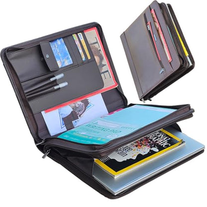 14" Laptop Briefcase, Vegan Leather Portfolio with Zipper Compartments x 2, A4 Papers Holder Padfolio Organizer - color: Brown