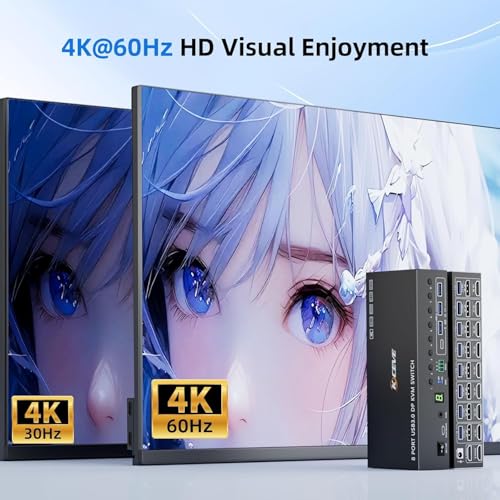 8 Port HDMI Displayport KVM Switch 2 Monitors 8 Computers 4K@60Hz EDID Simulation,8 PC Dual Monitor KVM Switch with 4 USB 3.0 Ports,Audio,RS232,with Wired Remote,12V Power Adapter and 8 USB Cable - size: 20 cm