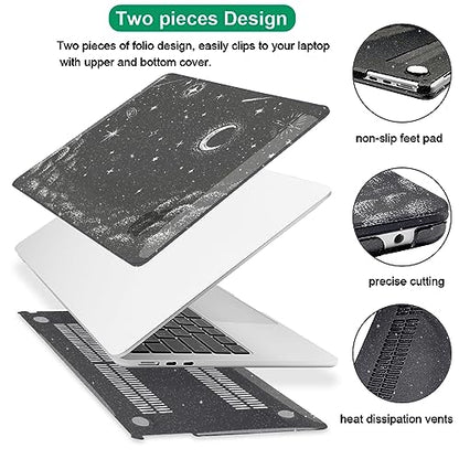 for 2022 2023 2024 2025 2026 MacBook Air 13 inch Case M5 A3449 M4 A3240 M3 A3113 M2 A2681 Cover, Glitter Black Printed Pattern Plastic Hard Shell Case for Mac Air 13.6 M5 2026, Stars & Moon - color: Stars & Moon