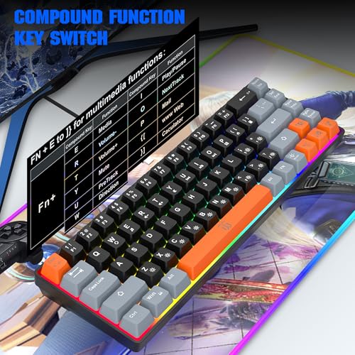 Snpurdiri 60% Percent Gaming Keyboard, Compact RGB Backlit Small Gaming Keyboard for Windows, PC, Laptop (68 Keys, Black-Grey-Orange) - color: Black Grey Orange