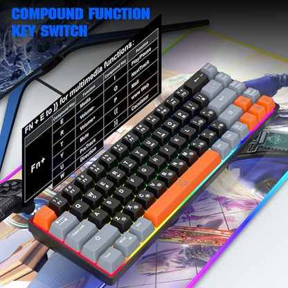 Snpurdiri 60% Percent Gaming Keyboard, Compact RGB Backlit Small Gaming Keyboard for Windows, PC, Laptop (68 Keys, Black-Grey-Orange) - color: Black Grey Orange