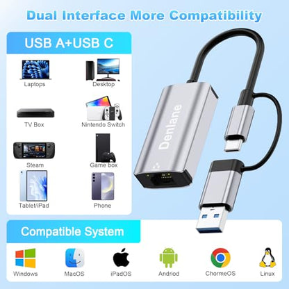 USB C to Ethernet Adapter 2.5Gbps, USB 3.0 to Ethernet Adapter 2-in-1, ethernet to USB-A & USBC Device (Thunderbolt 4/3), 2500/1000/100Mbps RJ45 Network for Laptop, MacBook/iPad/XPS/Windows - size: 2500 Mbps