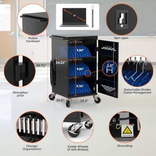 30 Device Charging Cart for Chromebooks, iPads & Laptops Up to 14" - Lockable Charging Station with Cable Management, 30-Outlet Power Strip, Circuit Breaker & Casters for Classrooms - size: 30 Tablet/Chromebook