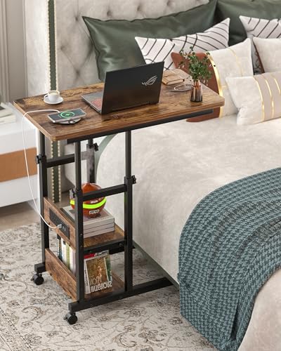 Height Adjustable End Table with Charging Station, Mobile C Shaped Laptop Side Table with Wheels, 3-Tier Sofa Couch Table with Storage Shelve for Living Room Bedroom, Rustic Brown - color: Rustic Brown