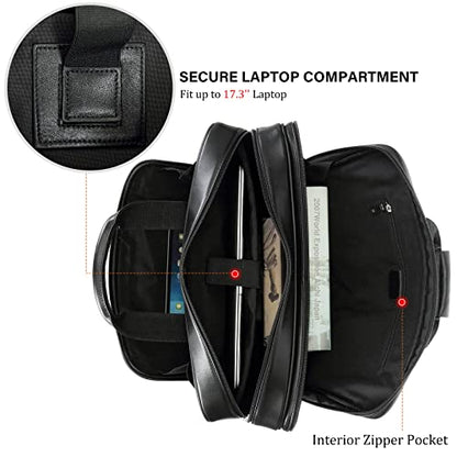 Men's Solid Thick Full Grain Leather 17.3" Laptop Briefcase Classic Messenger Bag Fit Business Travel | Solid - color: Black