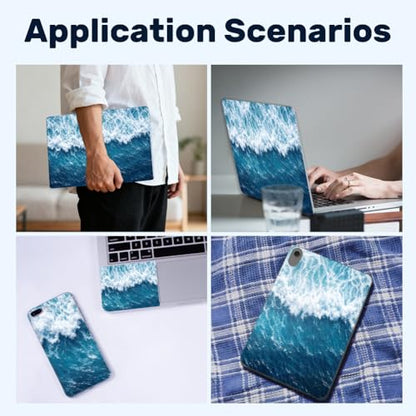 3Pcs Ocean Laptop Skin Sticker Waves Universal Removable Vinyl Stickers Fits for 12.1 13 14 15.6 16 Inch Waterproof Notebook Decal Cover Gift - color: dark blue and light blue
