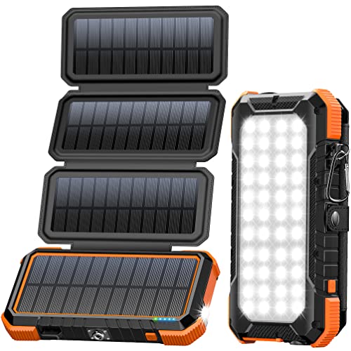 BLAVOR Solar Charger Power Bank, PD 18W Fast Charging 20000mAh Battery Pack with 4 Foldable Panels, Portable Solar Powered USB C Charger with Camping Flashlight Compass Carabiner for Cell Phone - color: Orange