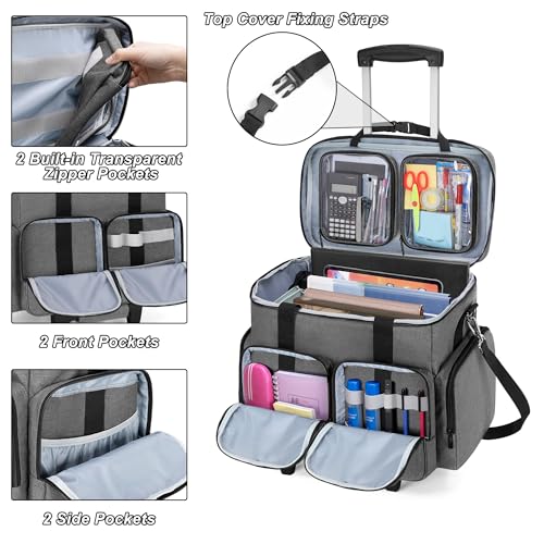 Rolling Teacher Tote Bag with 2 Detachable Pouches for Work, Gray | Wheeled Teacher Uility Bag with 15.6" Padded Laptop Sleeve, Large Briefcase with Detachable Trolley for Women - color: Gray