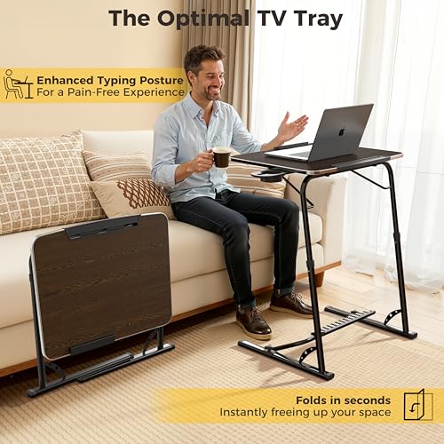 Upgraded Folding TV Tray Table, Extra Large & Sturdy Laptop Table for Couch | Height & Angle Adjustable Desk for Dinner, Work & TV - Includes Footrest, Cup Holder, iPad Holder & Edge Stopper - color: (Black) - Dark Wood Mahogany