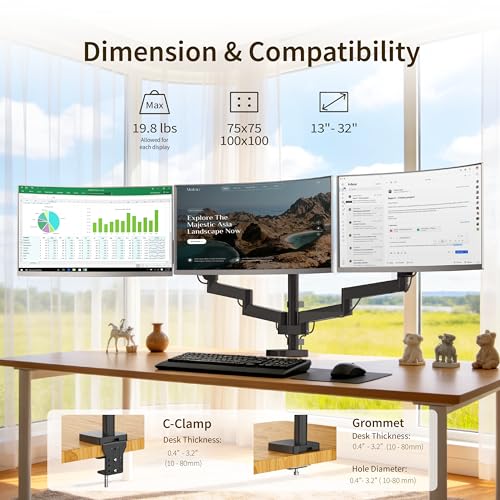 Ergounion Triple Monitor Mount for 13-32" Screens, with Long Monitor Arm | Wide 3-section arm, 19.8 lbs/arm, aluminum, full motion tilt/swivel/rotate, VESA 75/100 quick-release install, cable channels