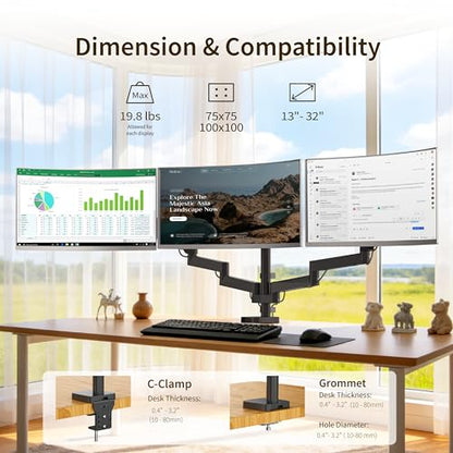 Ergounion Triple Monitor Mount for 13-32" Screens, with Long Monitor Arm | Wide 3-section arm, 19.8 lbs/arm, aluminum, full motion tilt/swivel/rotate, VESA 75/100 quick-release install, cable channels