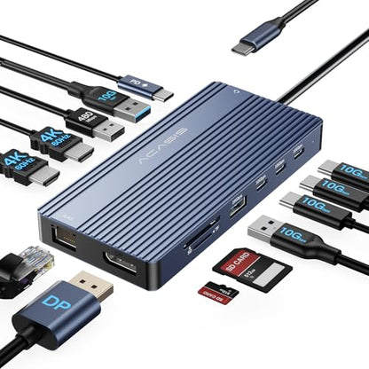 USB C Docking Station Dual Monitor, 14 in 1 USB C Hub, Adapter with 2 HDMI+DP(4K60Hz), Ethernet, 3 USBC 10G,100W PD, SD/TF, Audio, Laptop Docking Station for Dell/HP/Lenovo/ThinkPad/Surface (Grey) - color: Grey